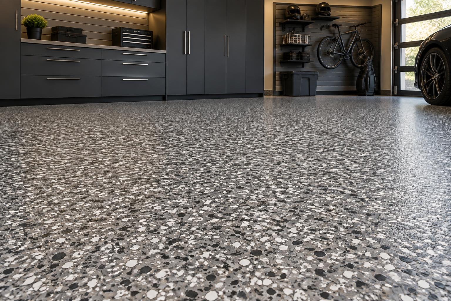 Premium residential garage with a dense multi-tone full-broadcast decorative flake floor