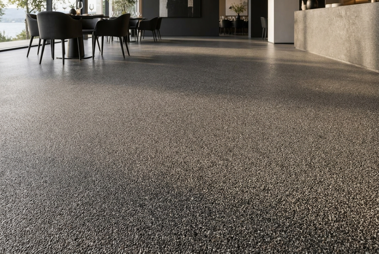 Close view of a seamless quartz floor with fine, dense colored aggregate texture