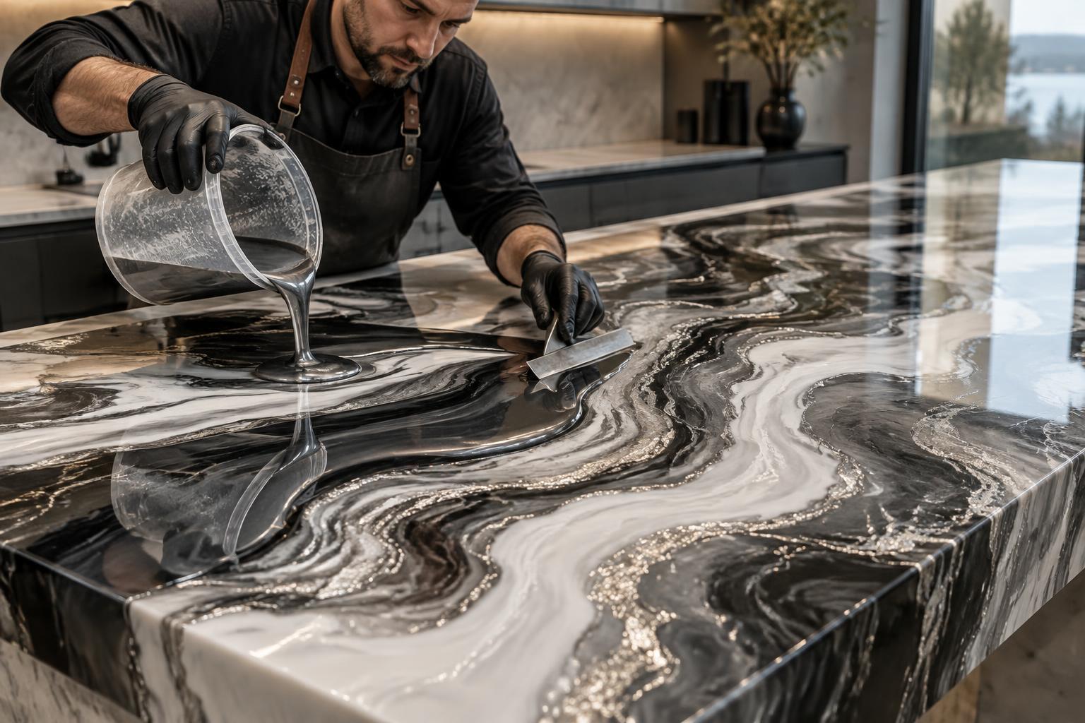 Artisan pouring and shaping a black, white, and silver decorative resin countertop