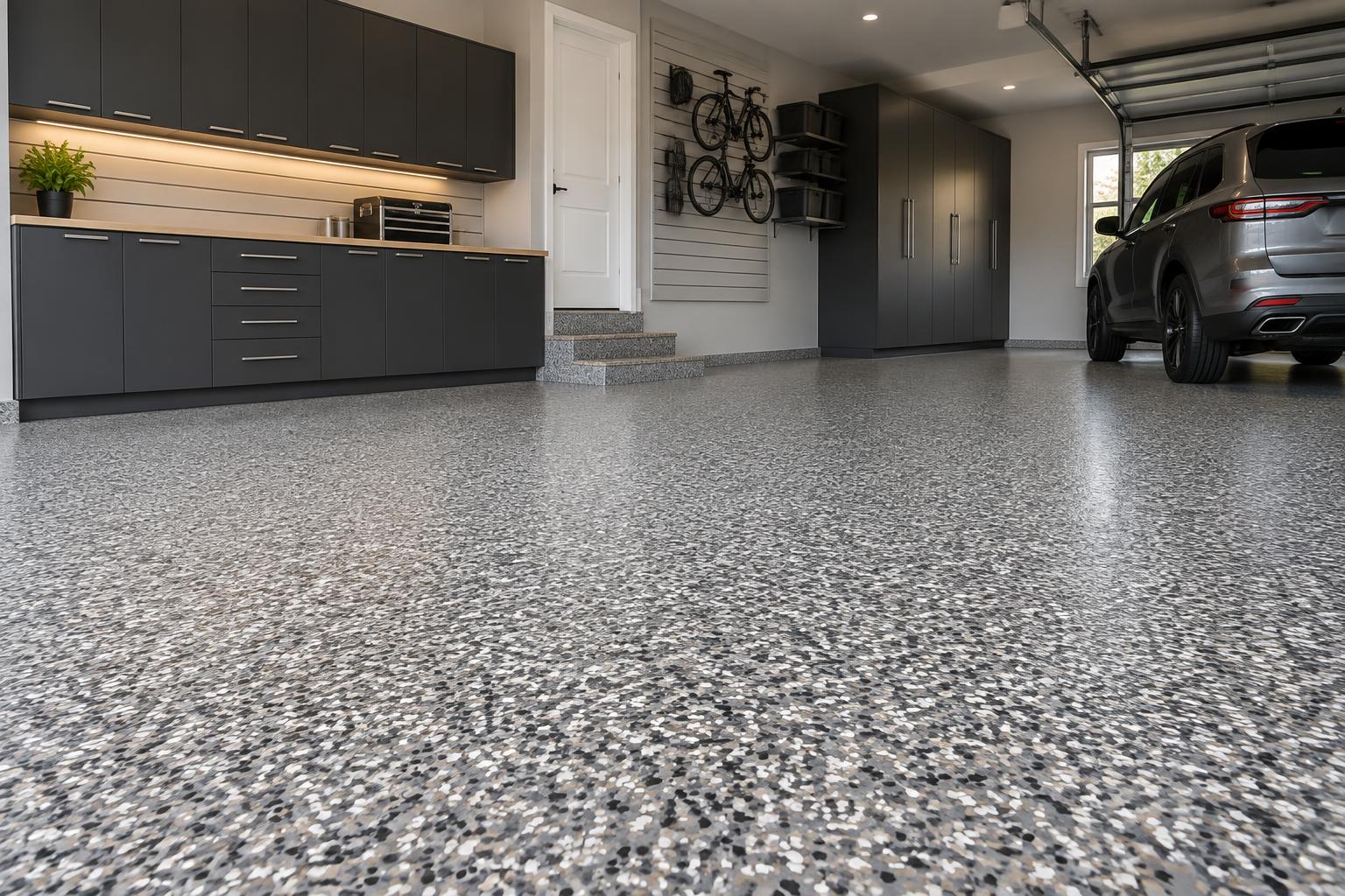 Upscale residential garage with a professionally finished decorative flake floor