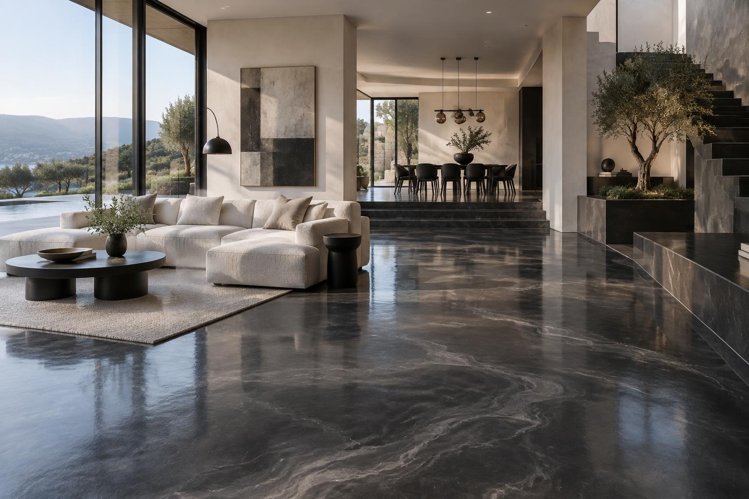 Luxury interior with a dark metallic finished floor